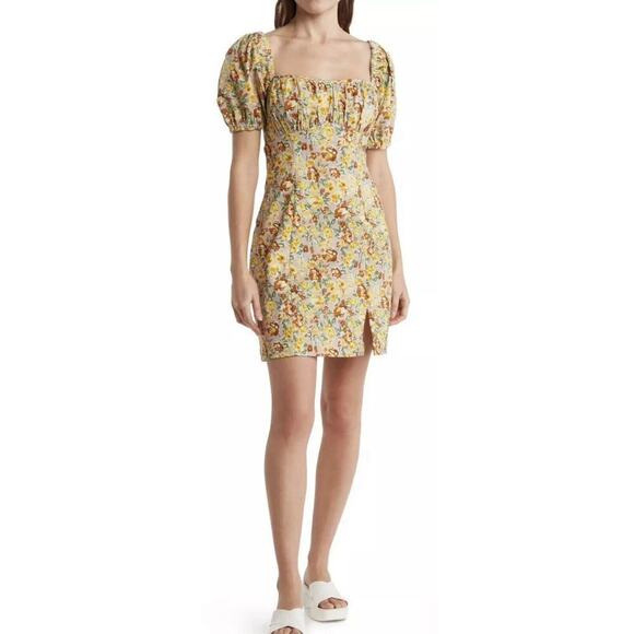 ASTR The Label Womens Yellow Floral Mini Dress Smocked Back Size Medium NWOT - Picture 1 of 12